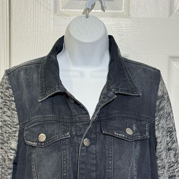 Free People Black Distressed Denim Jacket with Knit Sleeves size M - Picture 2 of 10